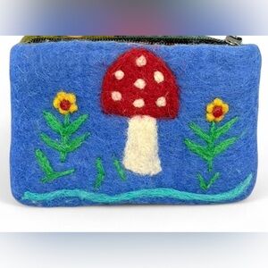 Blue Felt Pouch with Red Mushroom Design